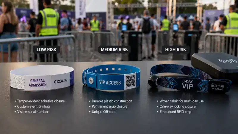 Low-, medium- and high-risk event wristband security configurations using paper, barcode and RFID wristbands Low-, medium- and high-risk event wristband security configurations using paper, barcode and RFID wristbands